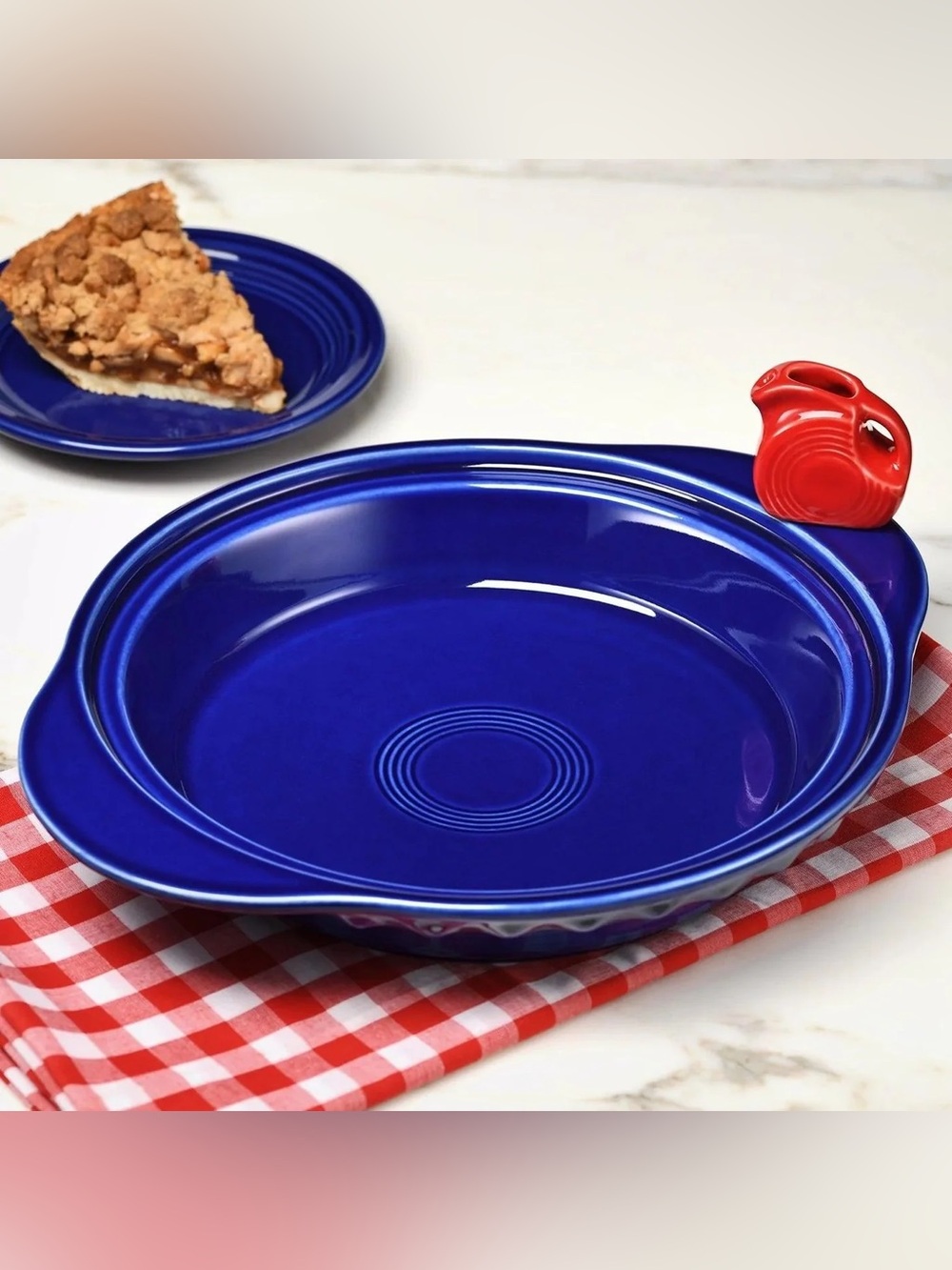 Fiesta x Nora Fleming Twilight Deep Dish Pie Plate with Red Pitcher Figurine